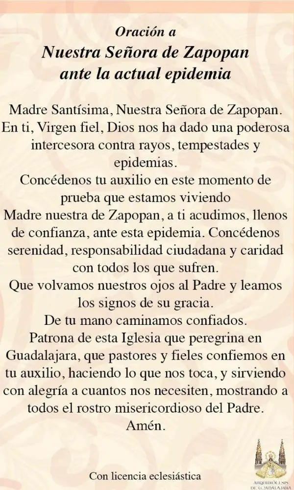 Oración de Nuestra Señora de Zapopan ante pandemia del Covid-19